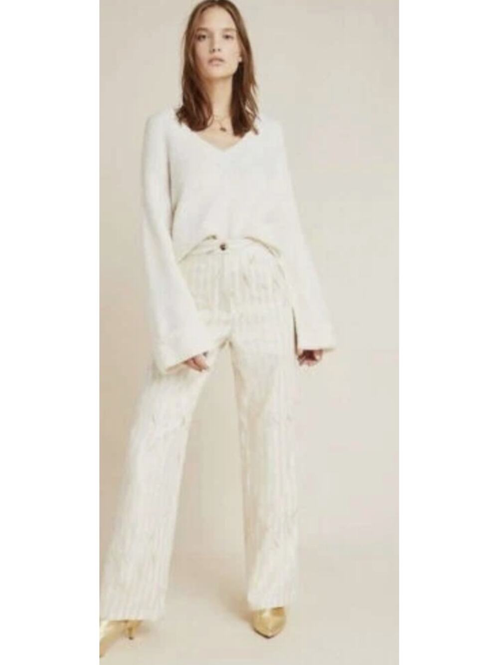 Porridge Kelyn Striped Trousers Women 4 Ivory Gold Metallic Anthropologie